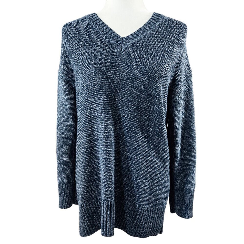 Everlane 100% Cotton Blue Marled Knit Drop Shoulder V-Neck Sweater Preppy